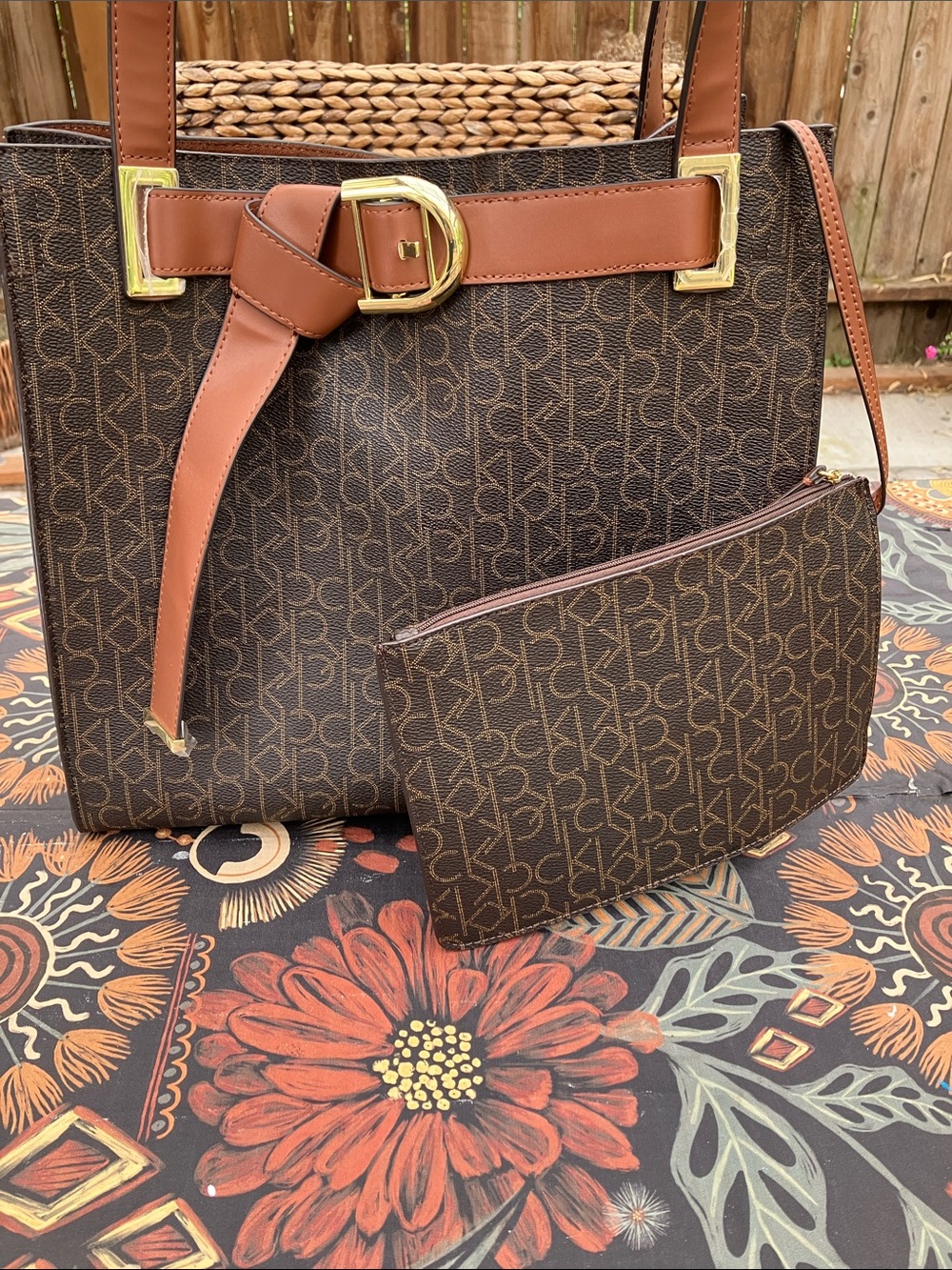NWOT 2 Piece Calvin Klein Brown MK Monogram Buckle Tote Bag